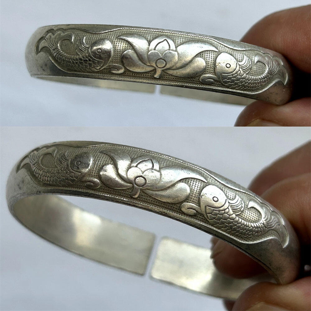 52.81克 福寿999足银 双鱼雕花银手镯 老银子 老镯子 老银器 做工精湛 银子涨价 老古董 老文玩 银价上涨 银子制品 足银含银量高质地软