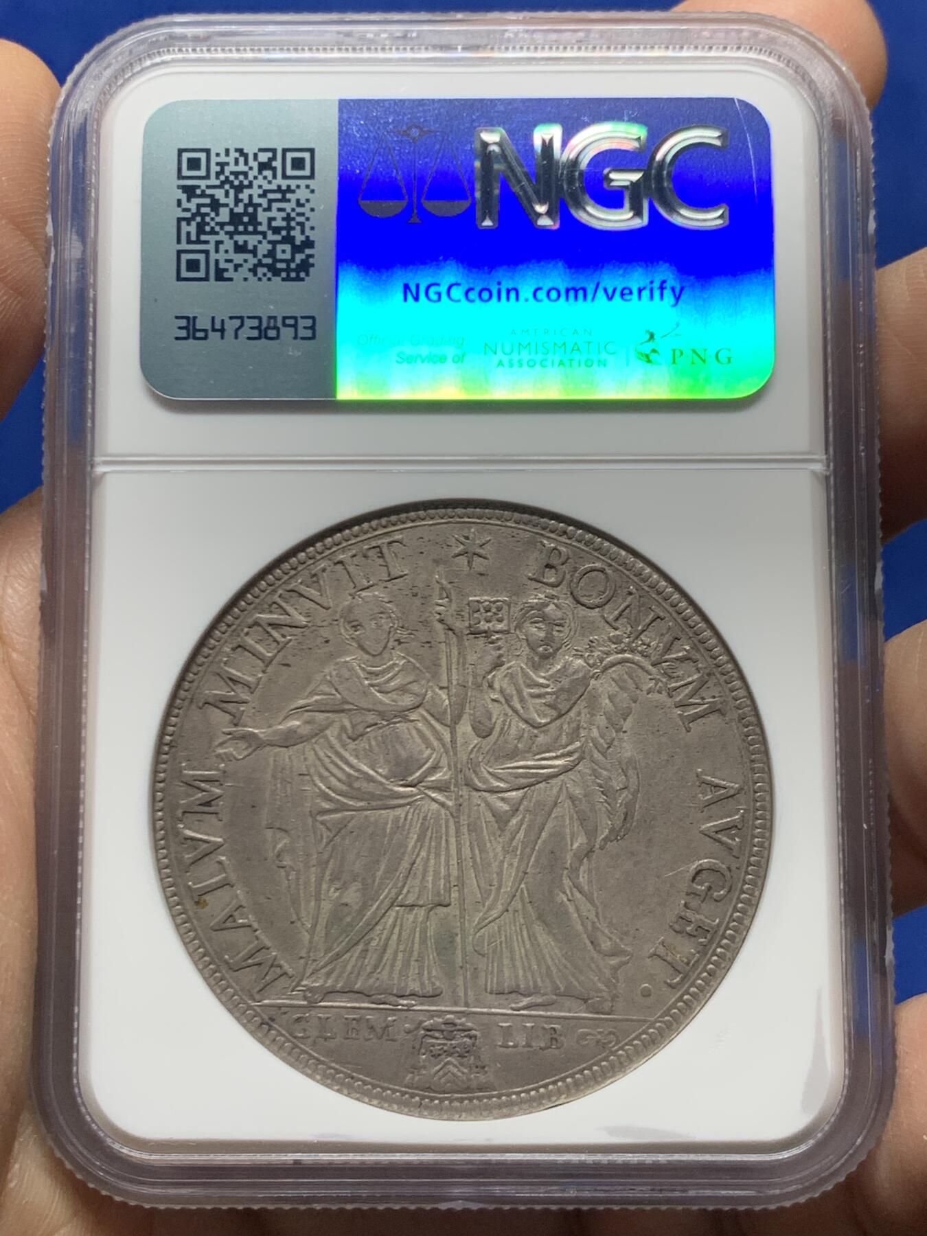 《竞宝斋》第470场 周日，周一，周二 3场连拍 （全场包邮）欢迎送拍 唯一亚军分 NGC AU55 梵蒂冈教皇国 1672年 圣经故事 克莱门特十世1皮阿斯特大银币 如何的仅有2枚 任何早期教皇国都难得 值得入藏 更高分仅一枚