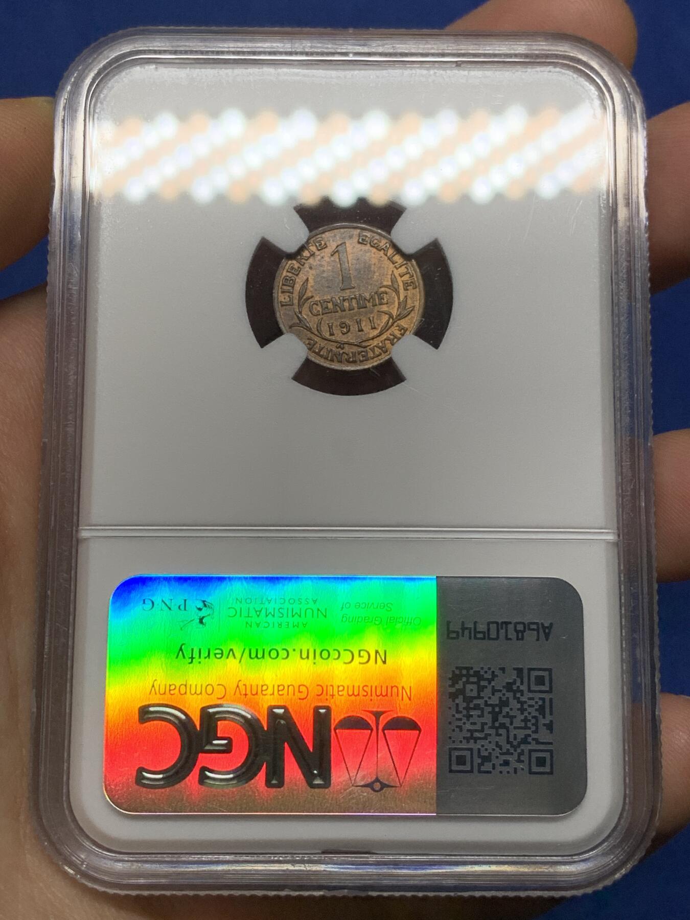 《竞宝斋》第470场 周日，周一，周二 3场连拍 （全场包邮）欢迎送拍 NGC MS64RB 法国1911年1分铜币 经典女神图案 冠军分