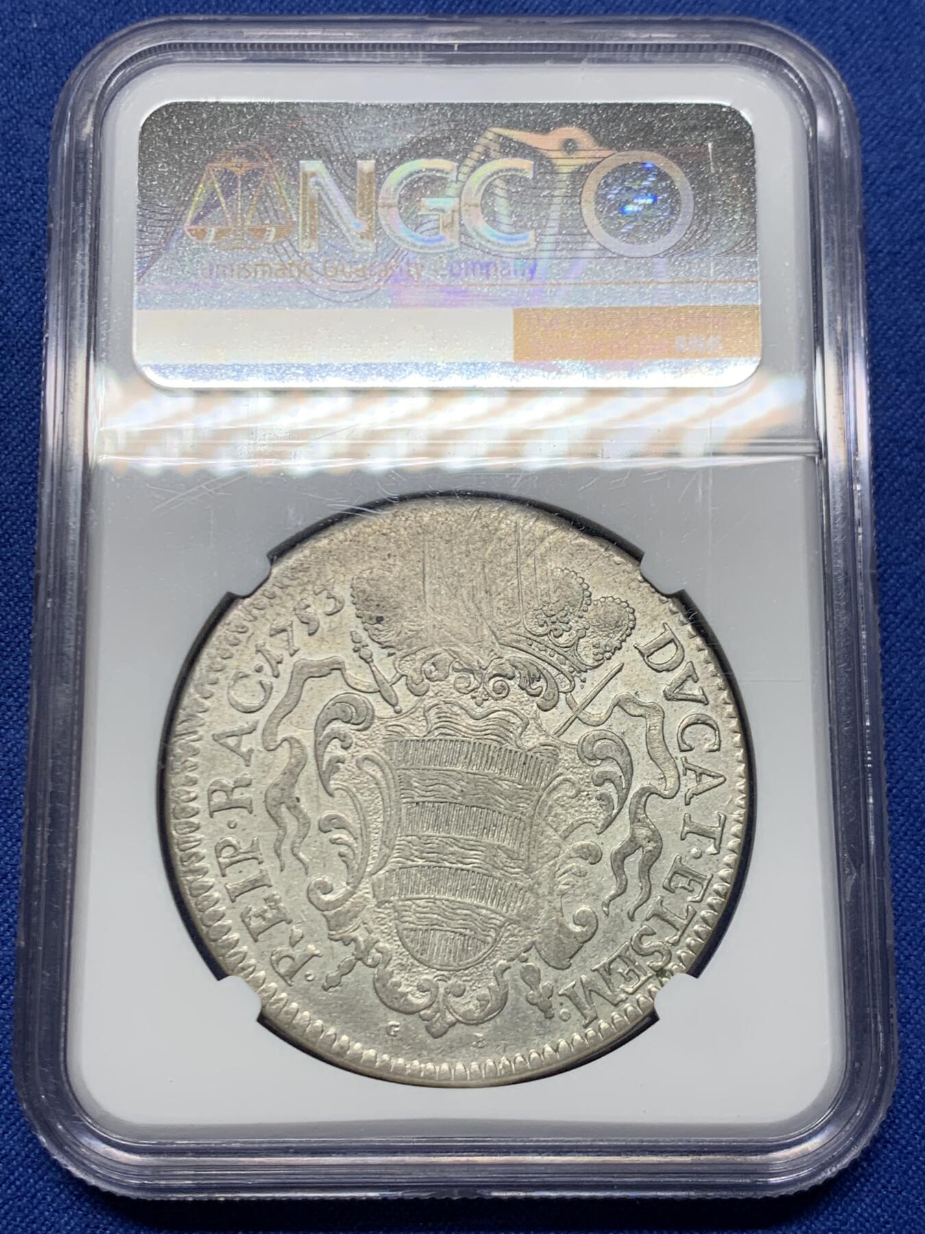 《竞宝斋》第470场 周日，周一，周二 3场连拍 （全场包邮）欢迎送拍 NGC AU53 拉古萨共和国 1753年 1泰勒银币 不常见的品种