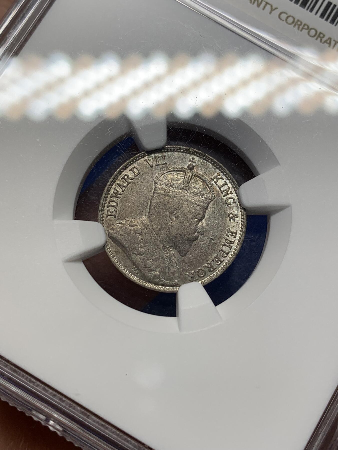 《竞宝斋》第470场 周日，周一，周二 3场连拍 （全场包邮）欢迎送拍 NGC AU55 香港 1902年 爱德华 一毫 银币 人像清晰 凹凸可见 自然包浆