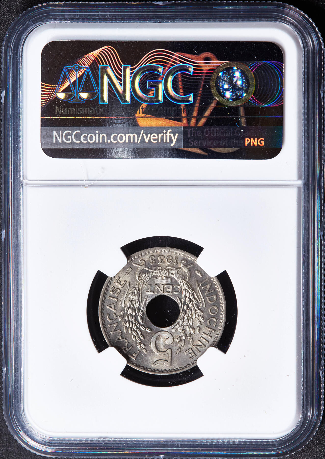 【俄甄集藏】2026年(049)03-18星期三 晚 19:30 全场包邮 法属印度支那1938年中孔5分镍币，NGC MS66，卷拆黄油彩，十字转光，顶级状态