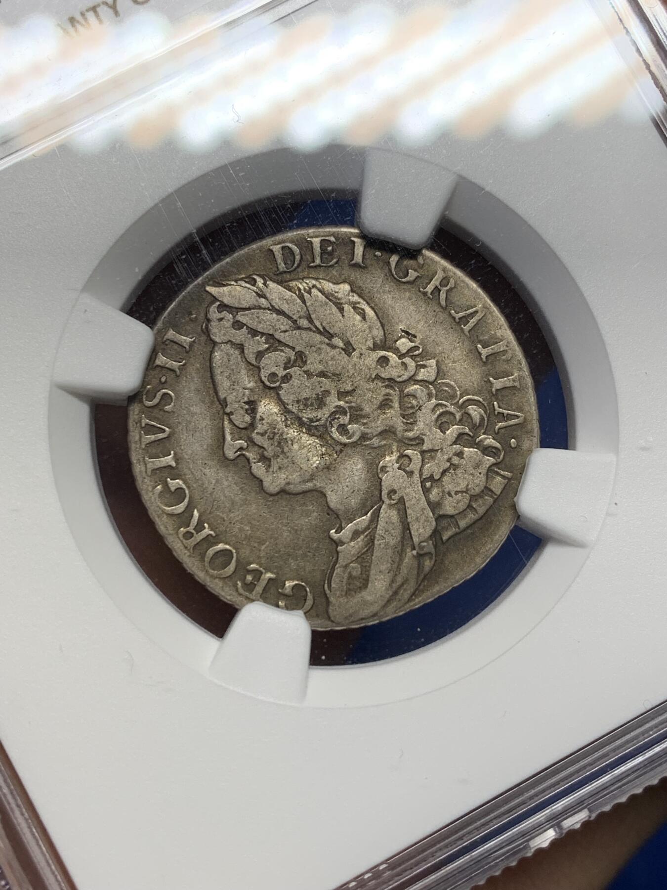 《竞宝斋》第470场 周日，周一，周二 3场连拍 （全场包邮）欢迎送拍 NGC VF25 英国1758年乔治二世1先令 出分不易