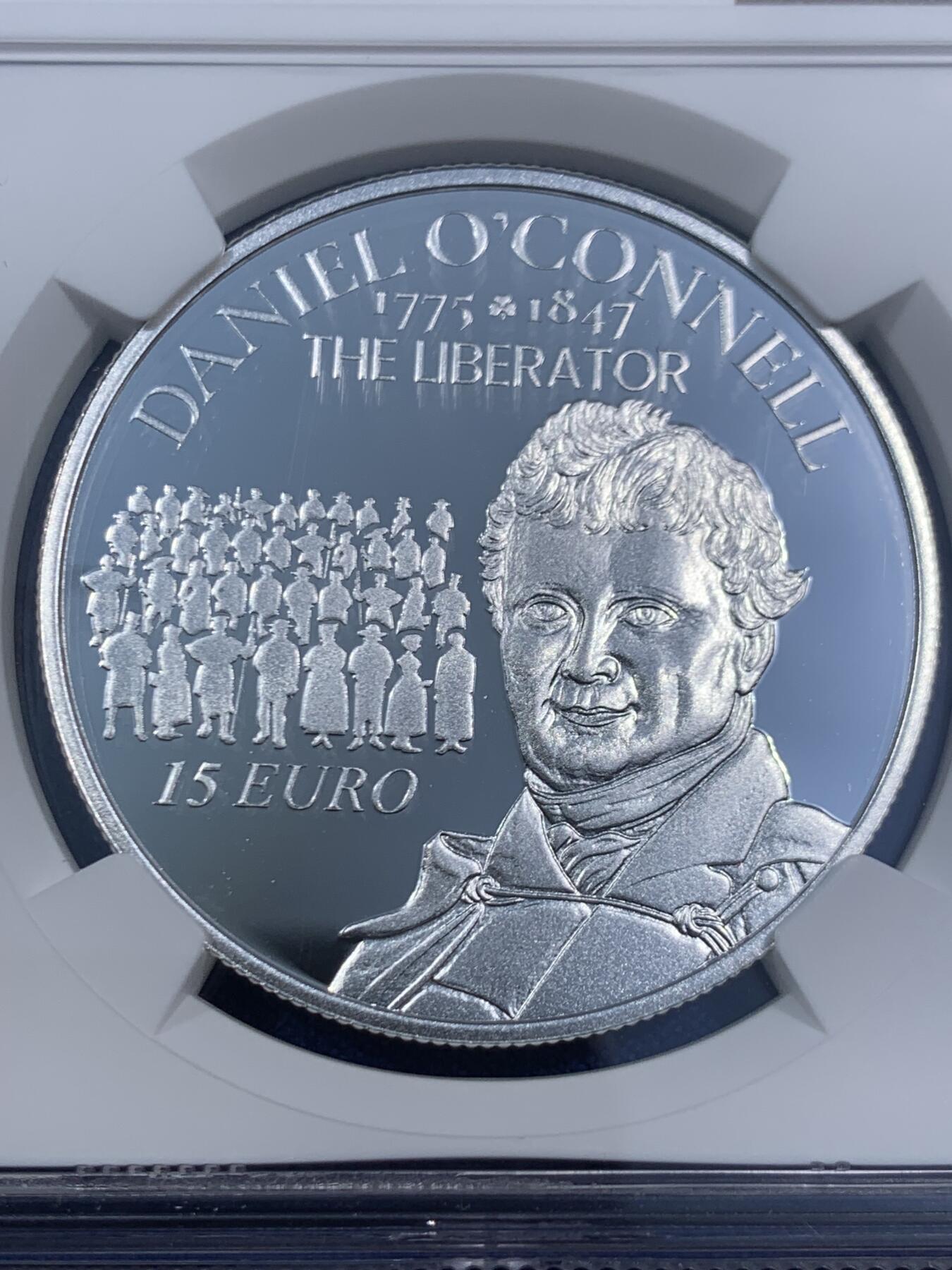 《竞宝斋》第470场 周日，周一，周二 3场连拍 （全场包邮）欢迎送拍 NGC PF69UC 爱尔兰2025年丹尼尔.奥康奈尔诞辰250周年15欧元精制纪念银币（28.28克重，925银，币径38.61MM，限量发行3千枚，盒证齐全）
