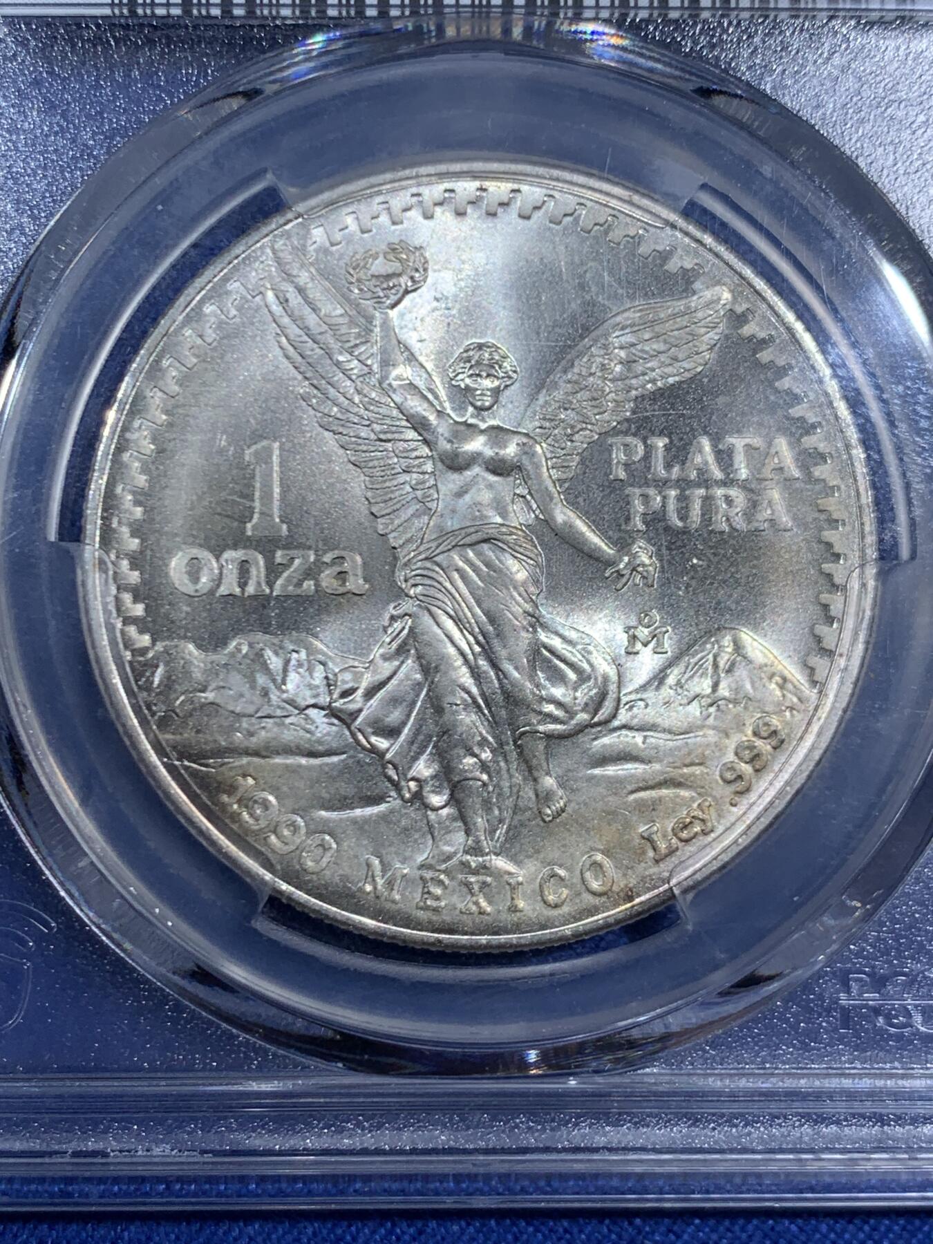 《竞宝斋》第470场 周日，周一，周二 3场连拍 （全场包邮）欢迎送拍 PCGS MS65 墨西哥 1990年 1盎司 自由女神银币 世界主流投资银币之一 老版币面已绝版