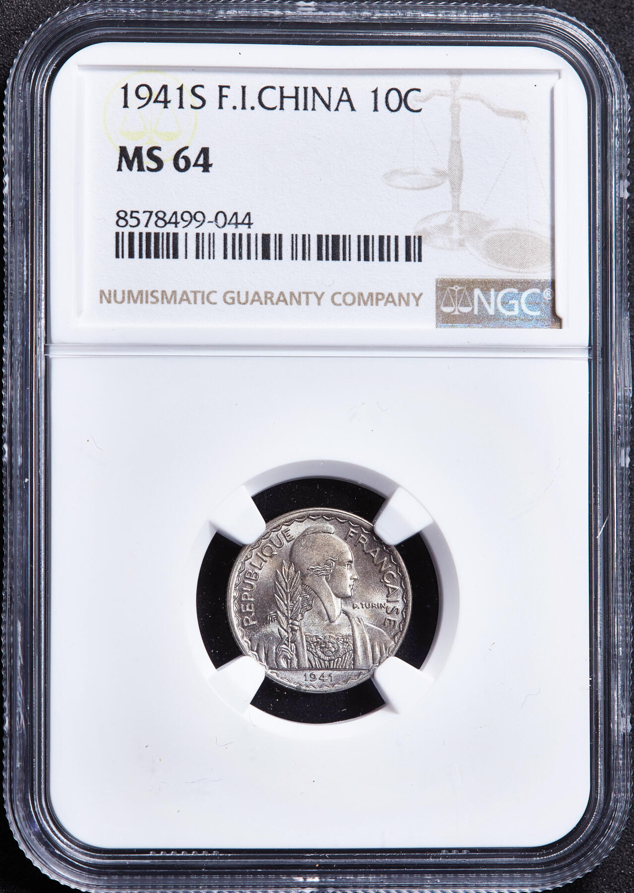 【俄甄集藏】2026年(049)03-18星期三 晚 19:30 全场包邮 法属印度支那1941年S版10分镍币，NGC MS64，转光品相
