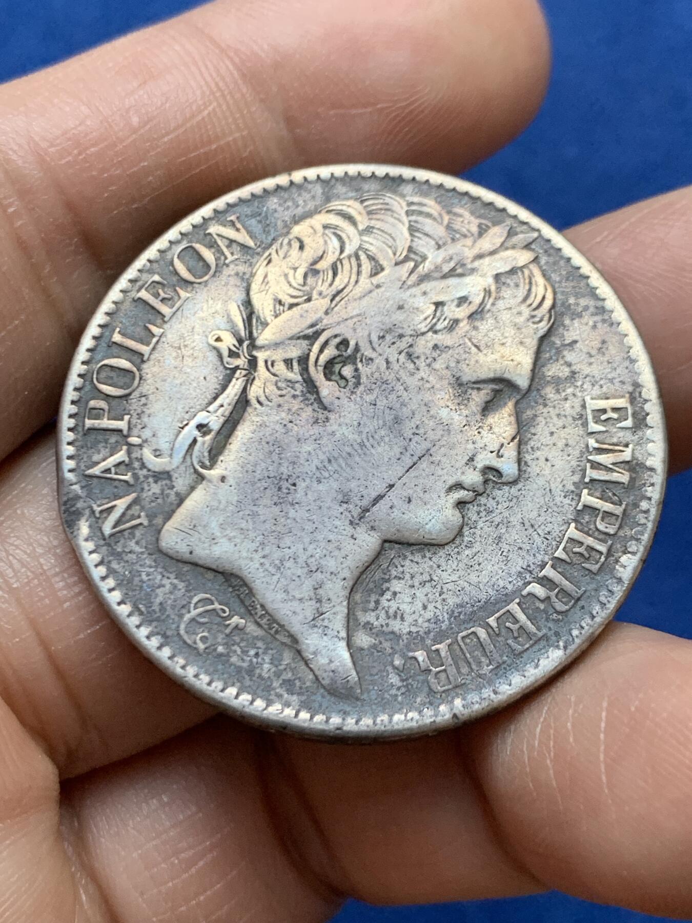 《竞宝斋》第470场 周日，周一，周二 3场连拍 （全场包邮）欢迎送拍 法国1808拿破仑一世5法郎银币 A厂标 给了表面改变 细节见图