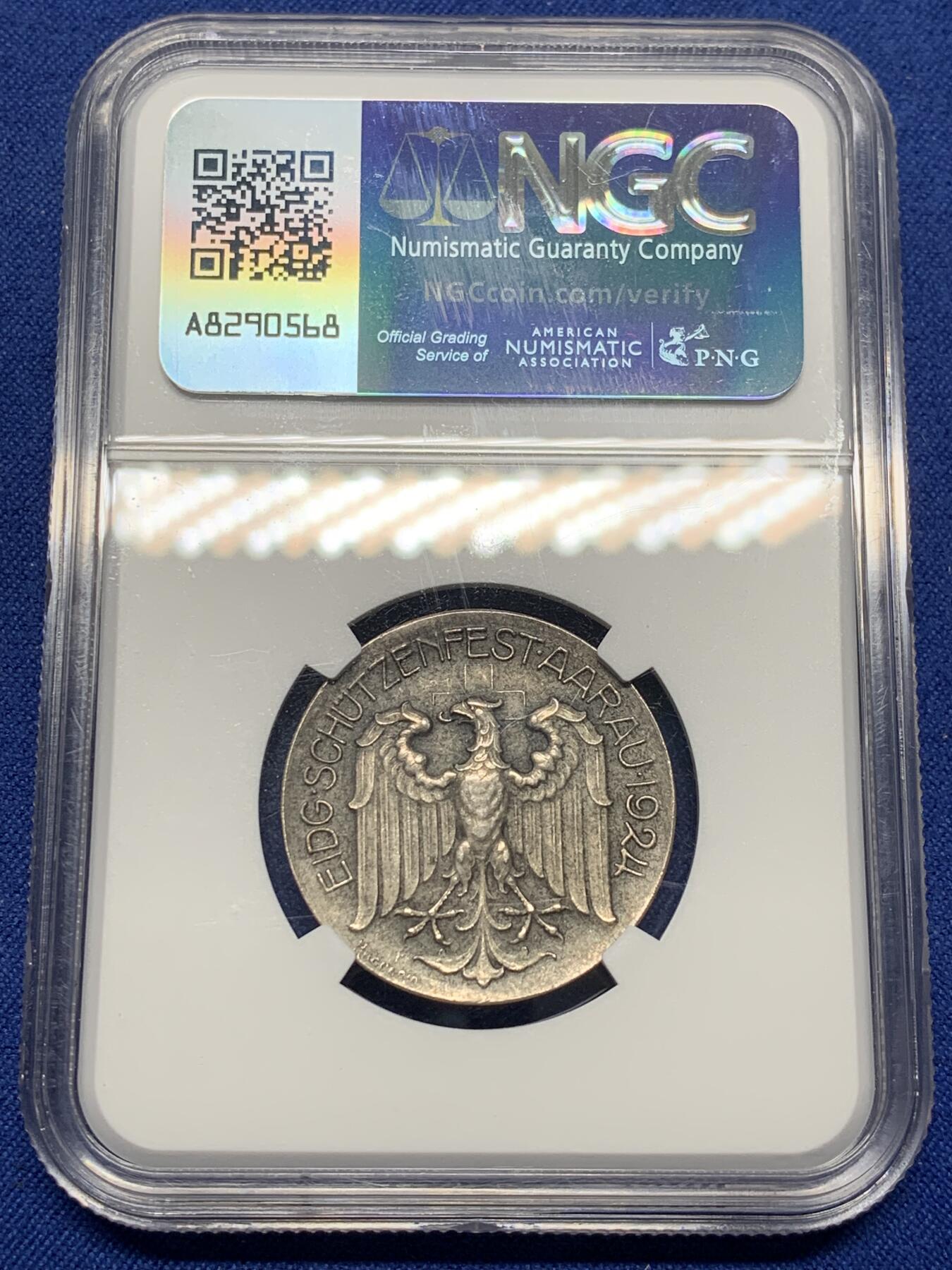 《竞宝斋》第470场 周日，周一，周二 3场连拍 （全场包邮）欢迎送拍 NGC MS64 瑞士1924年阿尔高州阿劳射击节银章 磨砂质感 鹰徽细腻 整体包浆搭配图案映衬出十足朦胧感