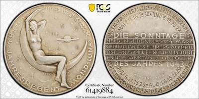 万国钱币拍卖第062期 - PCGS MS64 1943年德国（含奥地利）维也纳民族社会主义工人党星座日历银章 背面第一排民社工党英雄纪念日 第二排党首生日 第三排复活节 第四排圣灵驾临日 第五排感恩丰收日 40MM 950银 帝国经典名品 精铸磨砂月亮女神露娜 星座日历系列中唯一一款少女形态 摄人魂魄般的美丽 PC唯一冠军分 