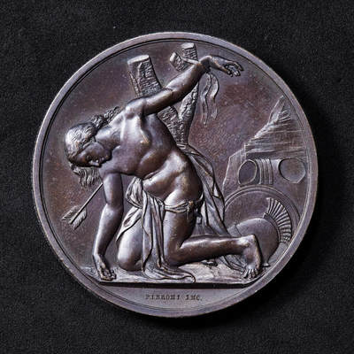 【俄甄集藏】2026年(049)03-18星期三 晚 19:30 全场包邮 - 意大利1888年圣塞巴斯蒂安殉难主题致敬意大利卫队队长兄弟会领袖大铜章，直径：52mm，重量：72.5克，巧克力包浆，类精制底板，高浮雕，雕刻师皮耶罗尼作品