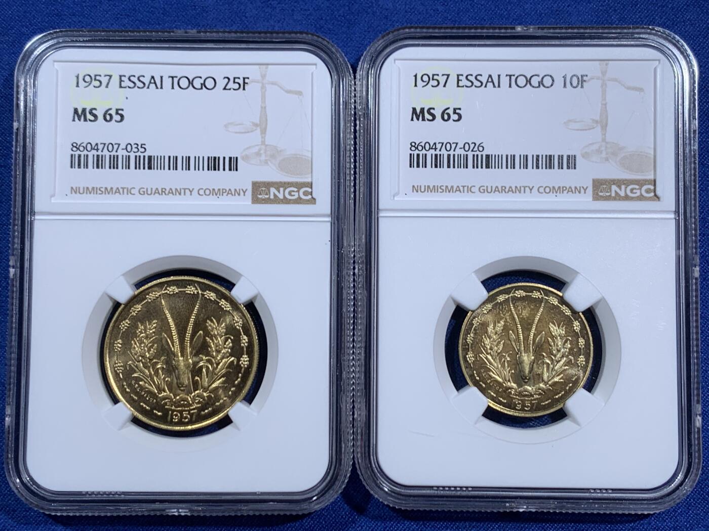 《竞宝斋》第470场 周日，周一，周二 3场连拍 （全场包邮）欢迎送拍 两枚一组 NGC MS65 多哥 1957年 10法郎+25法郎样币 单枚发行量 仅2300枚