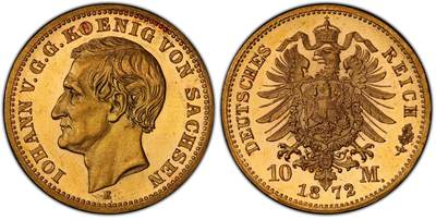 万国钱币拍卖第062期 - PCGS MS64PL 1872年德国萨克森约翰五世流通短翅10马克金币 难得一见的早期萨克森短翅金马克 PL级别更是凤毛麟角  类镜面喷砂质感 邮票光泽金光灿灿 PC唯一冠军分顶级典藏品质 3.98g 900金