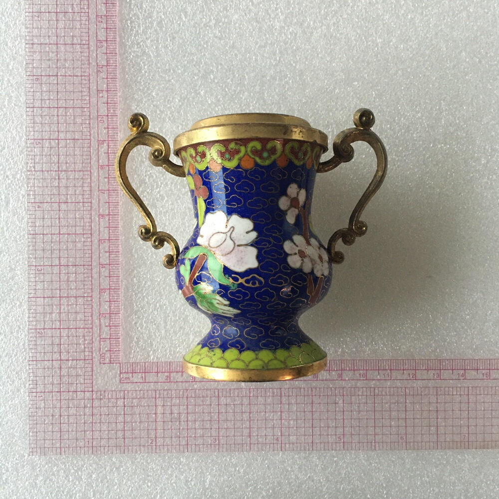        01c出口创汇时期景泰蓝铜胎掐丝珐琅双耳牡丹花瓶1个真品如图库存旧藏文玩艺术收藏