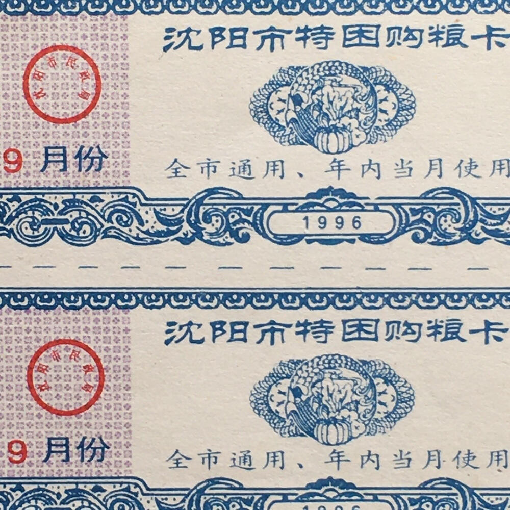         1995/1996年辽宁沈阳市购粮卡全新品相未流通2枚连体小版原版真品如图供应票证旧藏文玩艺术收藏