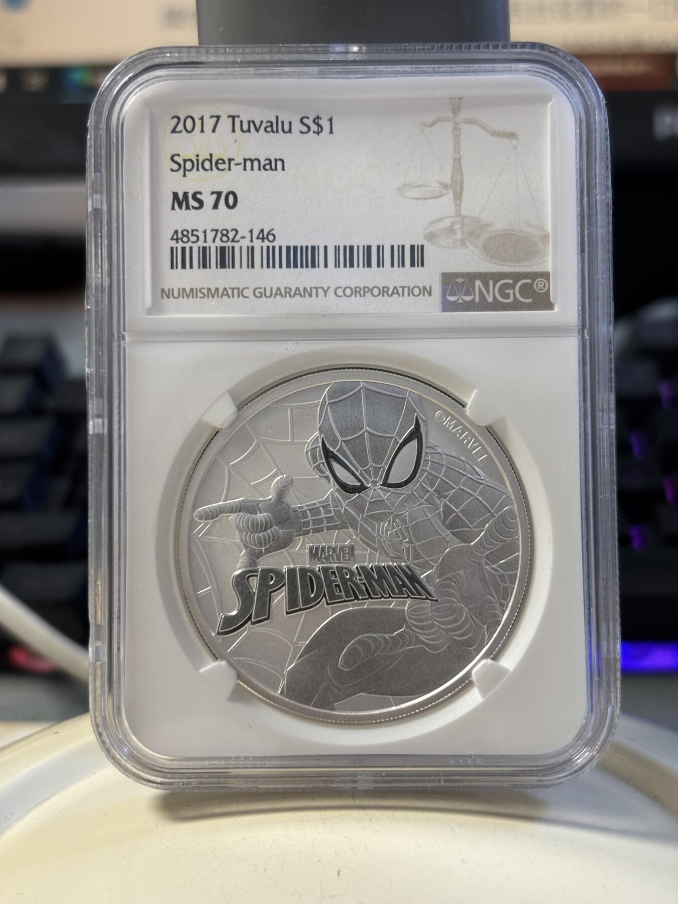 第194期拍卖 图瓦卢2017漫威超级英雄蜘蛛侠纪念银币NGC-MS70，9999银，1盎司，发行50000枚