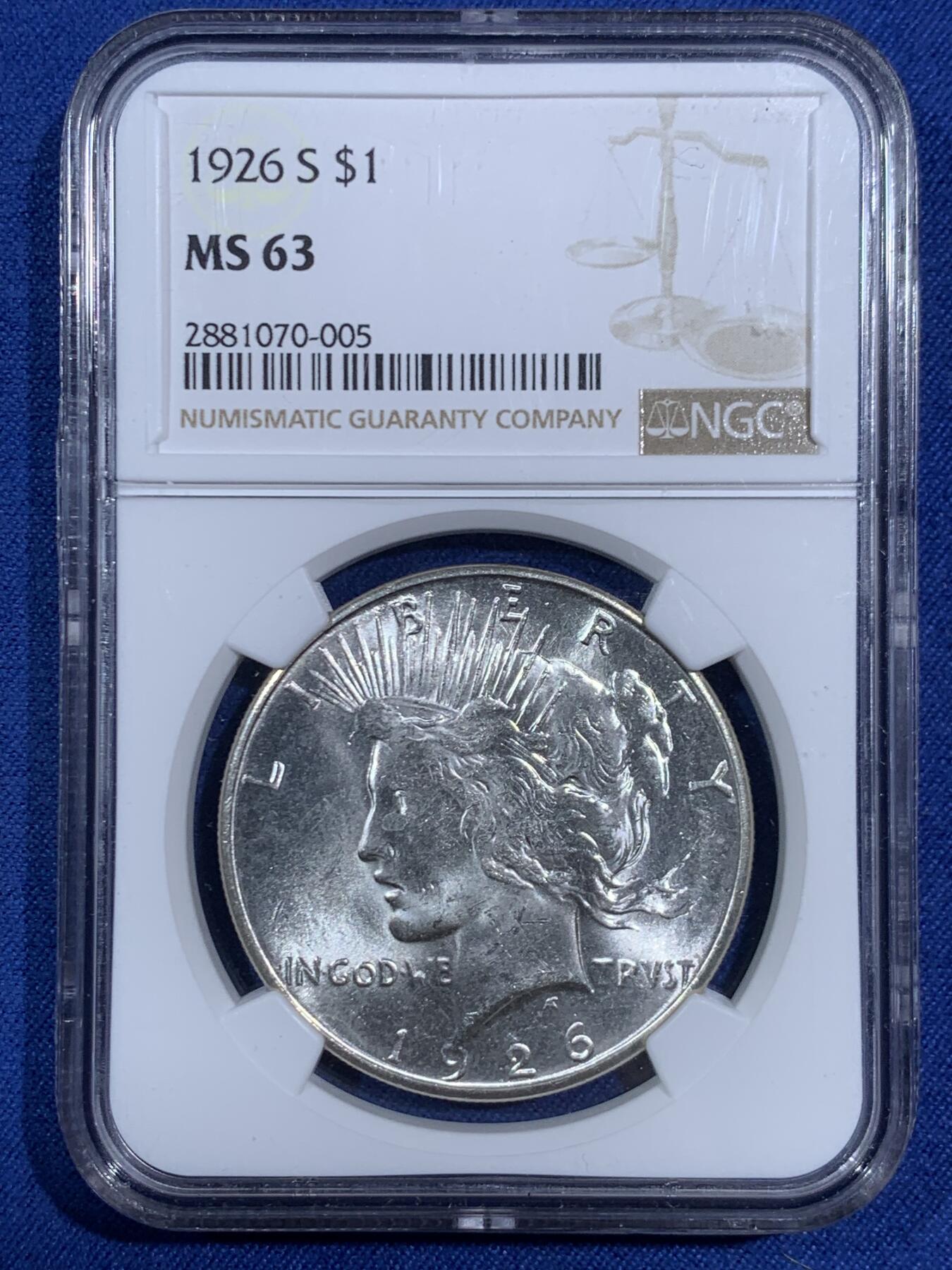 《竞宝斋》第470场 周日，周一，周二 3场连拍 （全场包邮）欢迎送拍 NGC MS63 美国 1926 S 和平银元 少见年份版别 转光犀利 打制精细 值得收藏