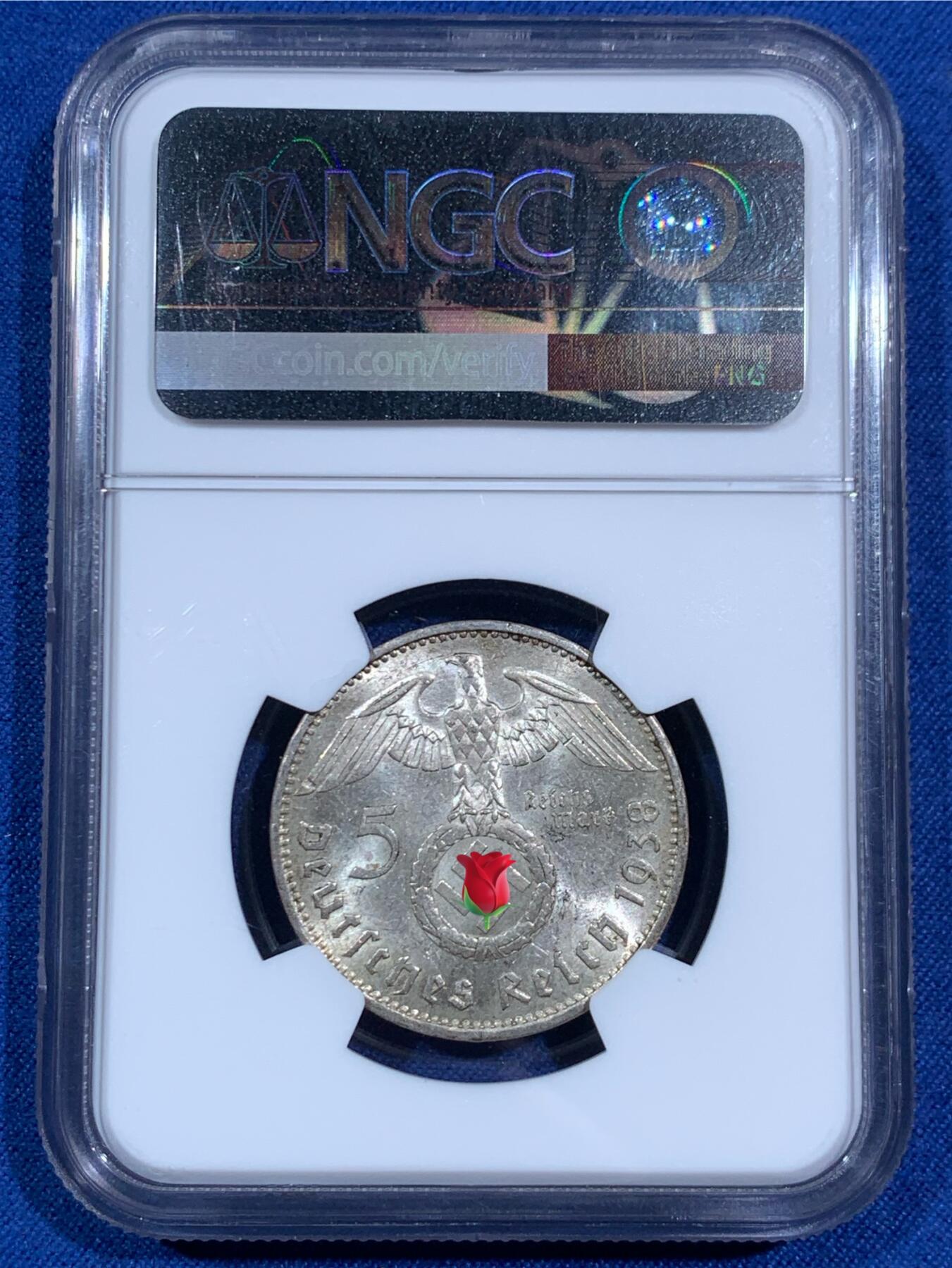 《竞宝斋》第470场 周日，周一，周二 3场连拍 （全场包邮）欢迎送拍 NGC MS62 德国1938年A版兴登堡5马克银币