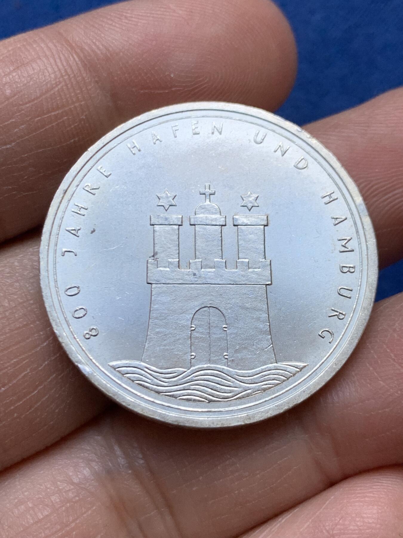 《竞宝斋》第470场 周日，周一，周二 3场连拍 （全场包邮）欢迎送拍 德国1989年汉堡港800周年纪念10马克银币 625银 15.45克