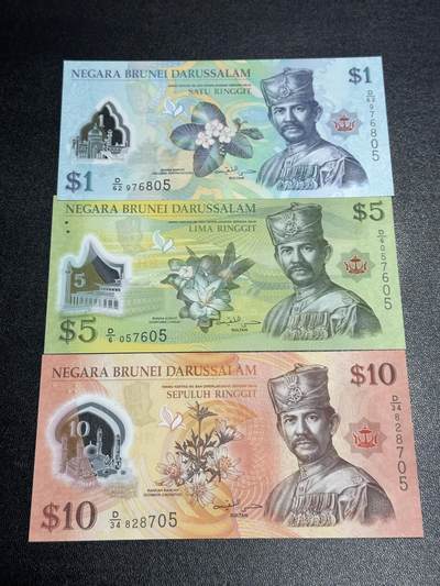 《外钞收藏家》第六百一十八期（精品场）（长期征集拍品、欢迎藏友们联系合作） - 文莱上一版本1/5/10林吉特塑料钞尾号后二相同（尾号05）	UNC