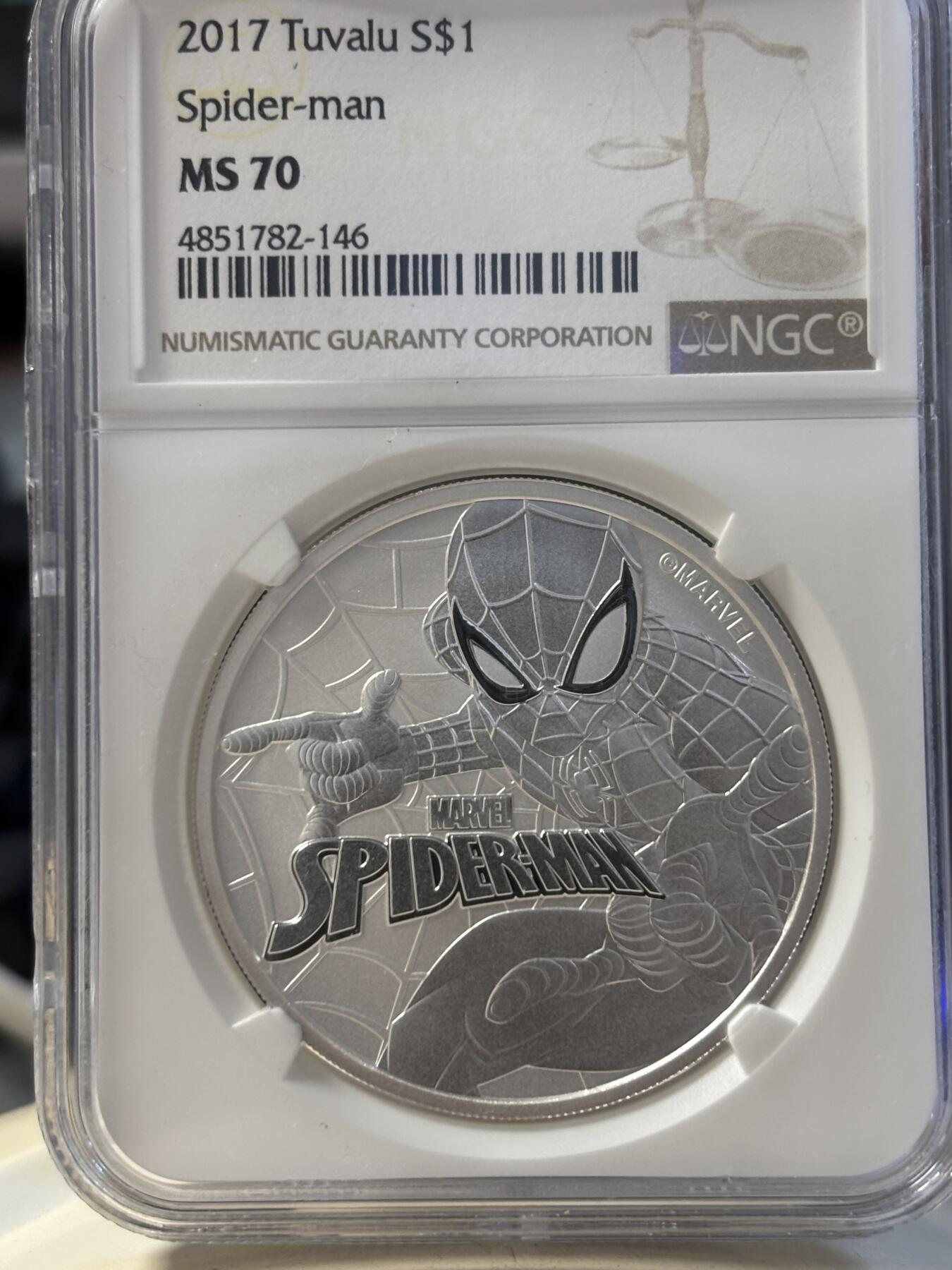 第194期拍卖 图瓦卢2017漫威超级英雄蜘蛛侠纪念银币NGC-MS70，9999银，1盎司，发行50000枚