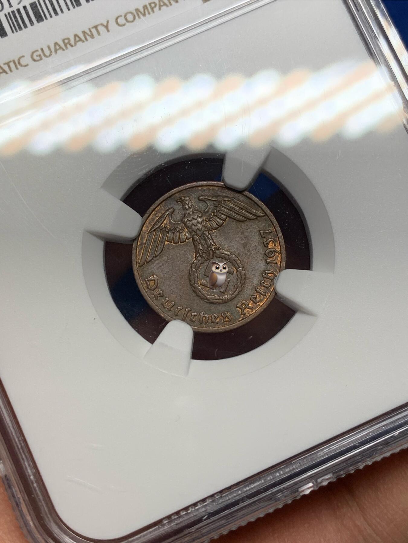 《竞宝斋》第470场 周日，周一，周二 3场连拍 （全场包邮）欢迎送拍 NGC MS62BN 德国1937年带风车1芬尼铜币，状态很好，热门品种