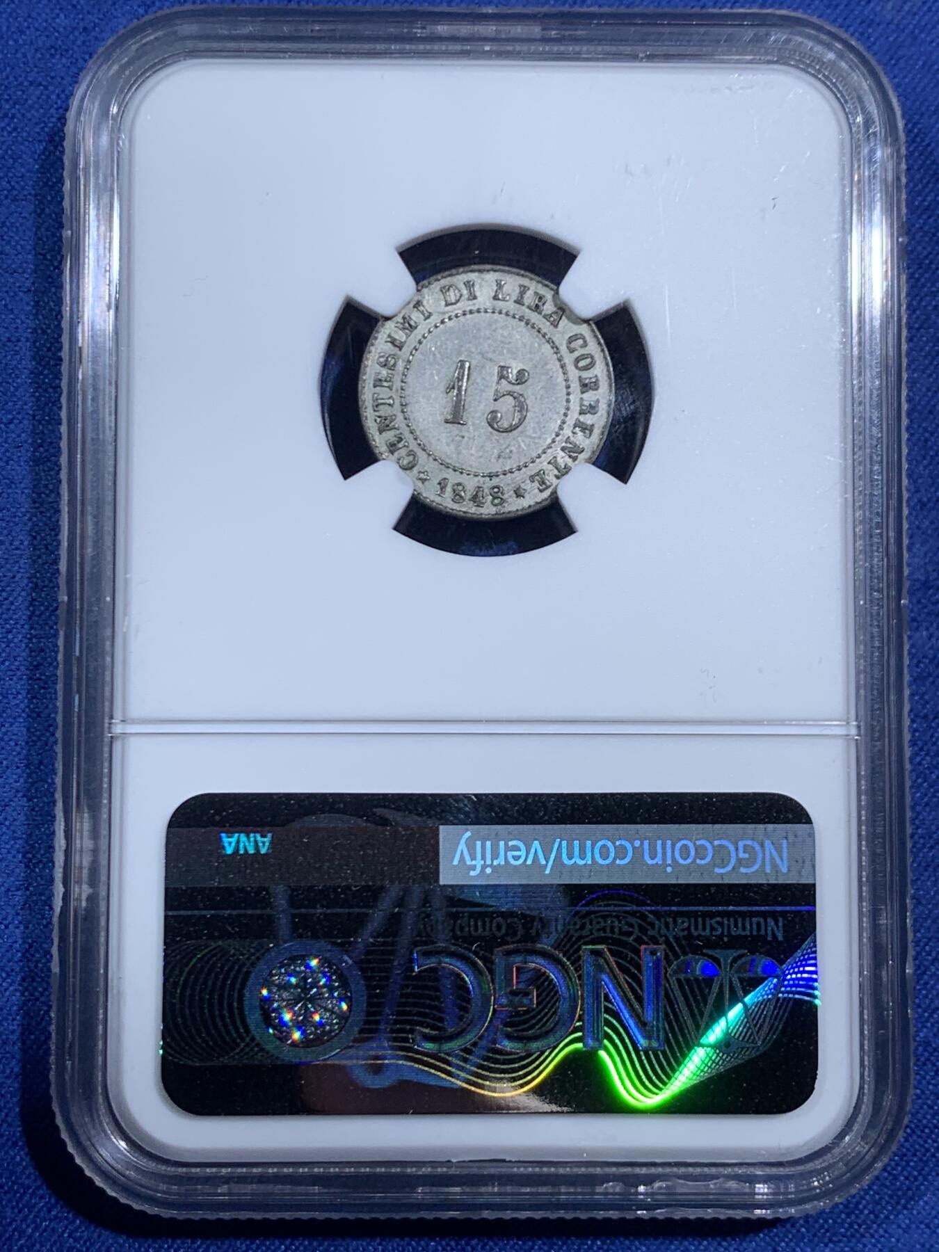 《竞宝斋》第470场 周日，周一，周二 3场连拍 （全场包邮）欢迎送拍 NGC AU58 意大利 1848 年威尼斯革命政府15分银币