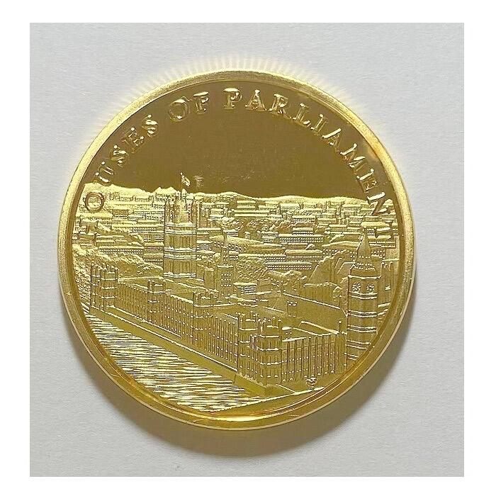 英国大本钟和国会大厦+狮马国徽 高浮雕精制镀金章 35MM