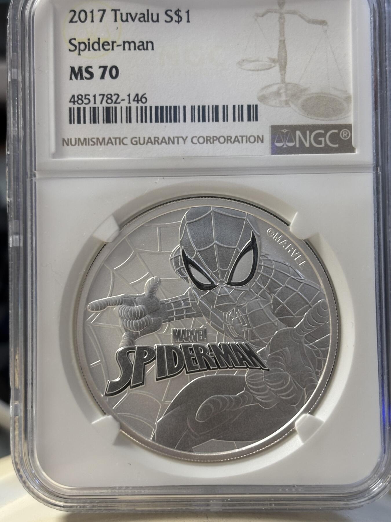 第194期拍卖 图瓦卢2017漫威超级英雄蜘蛛侠纪念银币NGC-MS70，9999银，1盎司，发行50000枚