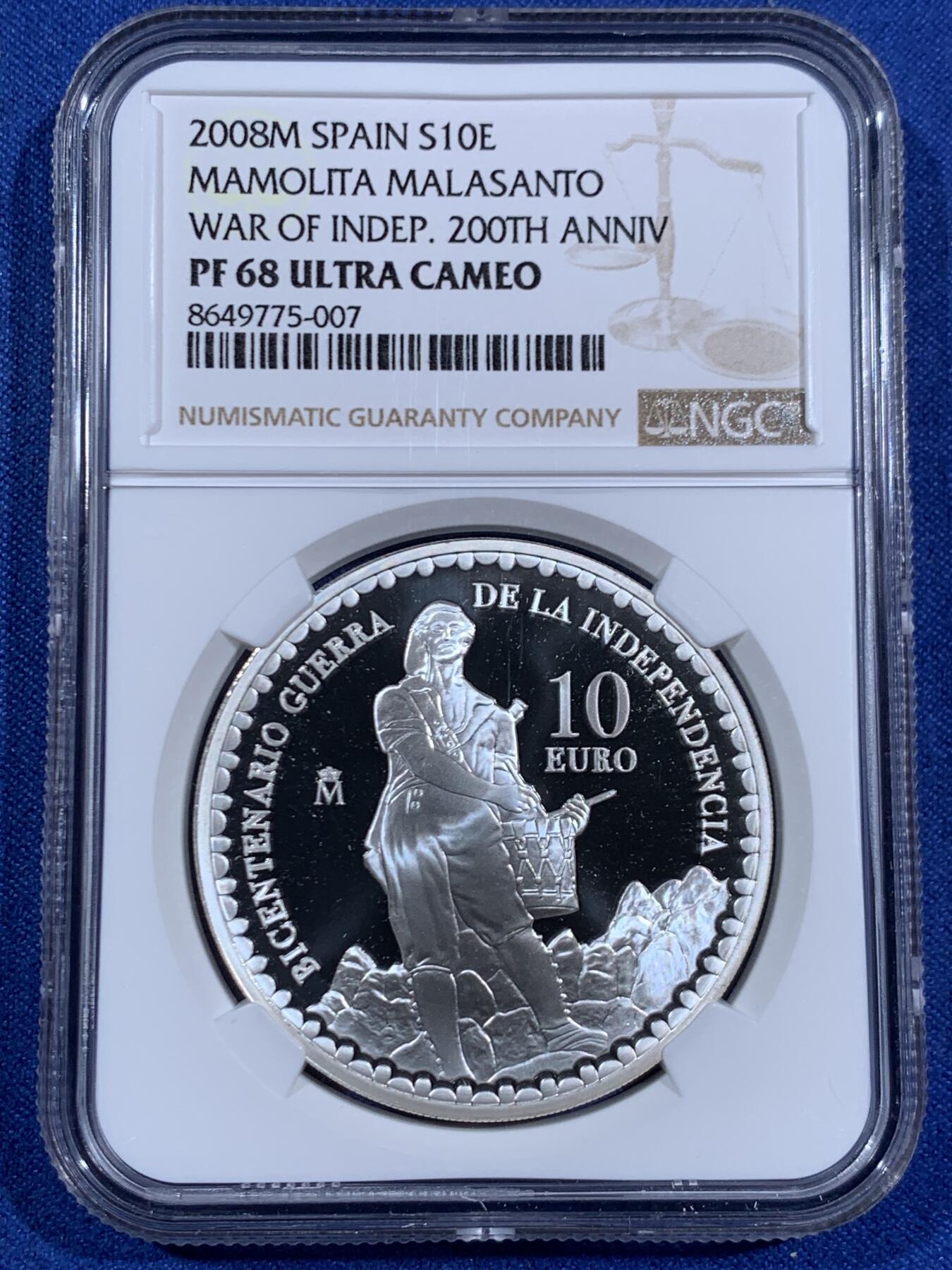 《竞宝斋》第470场 周日，周一，周二 3场连拍 （全场包邮）欢迎送拍 NGC PF68UC 西班牙2008年保卫国家战役胜利双面主题10欧精制纪念银币（27克，925银，币径40MM，限量发行12000枚，西班牙历史上反法战争纪念题材）
