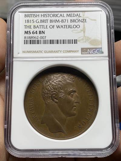 《竞宝斋》第470场 周日，周一，周二 3场连拍 （全场包邮）欢迎送拍 - NGC MS64BN 英国滑铁卢战役纪念铜章，正面为威灵顿公爵侧像，穆迪战争系列，稀缺，加厚盒