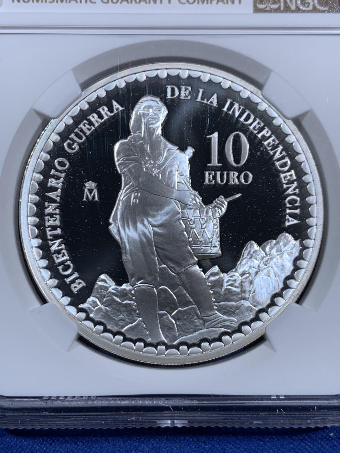 《竞宝斋》第470场 周日，周一，周二 3场连拍 （全场包邮）欢迎送拍 NGC PF68UC 西班牙2008年保卫国家战役胜利双面主题10欧精制纪念银币（27克，925银，币径40MM，限量发行12000枚，西班牙历史上反法战争纪念题材）