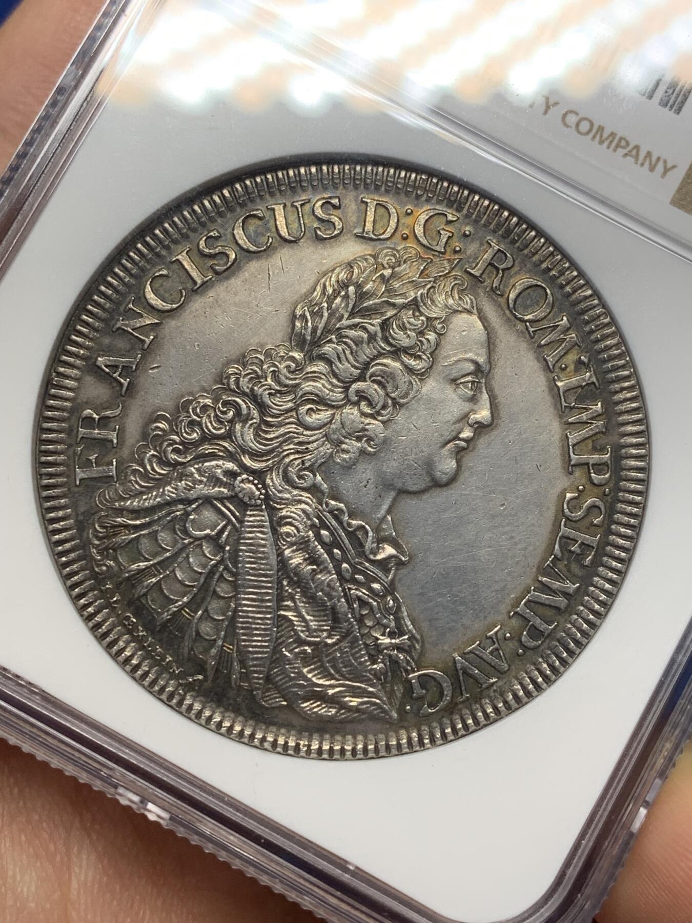 《竞宝斋》第470场 周日，周一，周二 3场连拍 （全场包邮）欢迎送拍 NGC UNCD 1754年神圣罗马帝国弗朗茨一世雷根斯堡城市景观泰勒银币