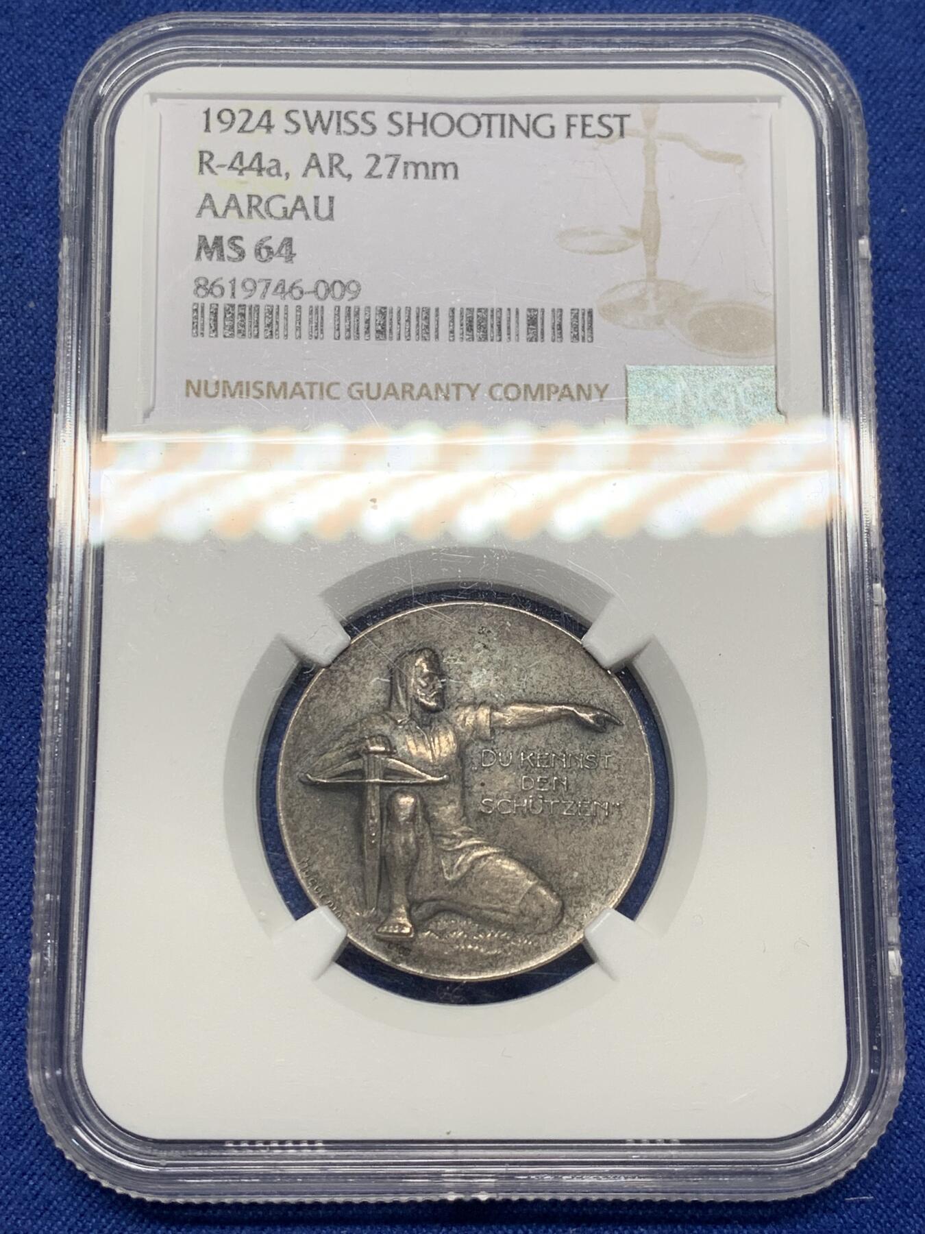 《竞宝斋》第470场 周日，周一，周二 3场连拍 （全场包邮）欢迎送拍 NGC MS64 瑞士1924年阿尔高州阿劳射击节银章 磨砂质感 鹰徽细腻 整体包浆搭配图案映衬出十足朦胧感
