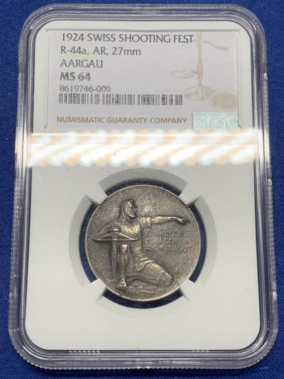 《竞宝斋》第470场 周日，周一，周二 3场连拍 （全场包邮）欢迎送拍 - NGC MS64 瑞士1924年阿尔高州阿劳射击节银章 磨砂质感 鹰徽细腻 整体包浆搭配图案映衬出十足朦胧感