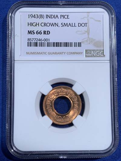 《竞宝斋》第470场 周日，周一，周二 3场连拍 （全场包邮）欢迎送拍 - NGC MS66RD 英属印度 1943年 1PICE 中孔铜币 亚军分