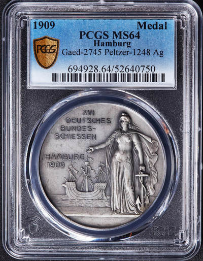 【俄甄集藏】2026年(049)03-18星期三 晚 19:30 全场包邮 - 德国1909年汉萨女神站像与港口风光纪念汉堡第16届联邦射击节大银章，PCGS MS64，磨砂底板，设计精美