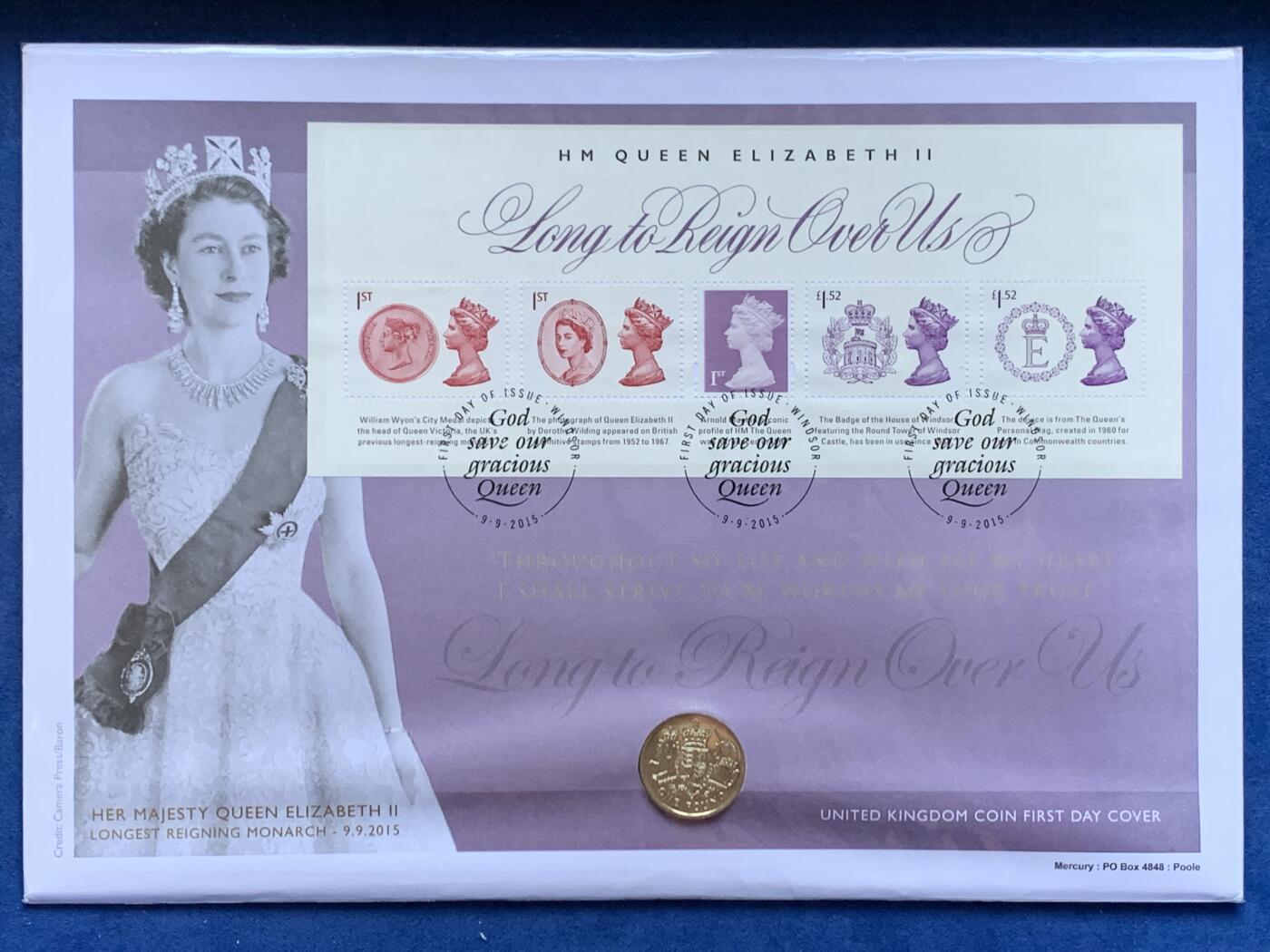 《竞宝斋》第470场 周日，周一，周二 3场连拍 （全场包邮）欢迎送拍 2015年英国在位时间最长君主1英镑邮币封首日封