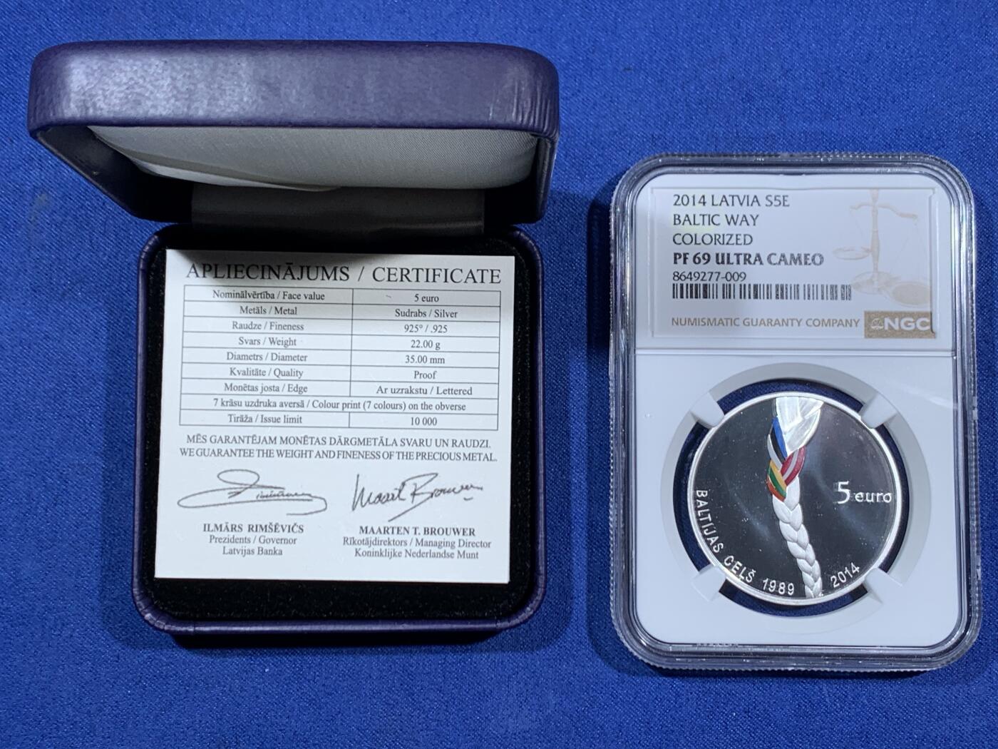 《竞宝斋》第470场 周日，周一，周二 3场连拍 （全场包邮）欢迎送拍 NGC PF69UC 拉脱维亚2014年波罗的海之路独立25周年彩银精制银币（荣膺2015年硬币之星世界纪念币大赛 年度最佳银币 第2名及2016年世界硬币大赛 最佳当代事件，）925银材质，币重22克，限量发行10000枚，盒证齐全【双料世界大赛获奖币】