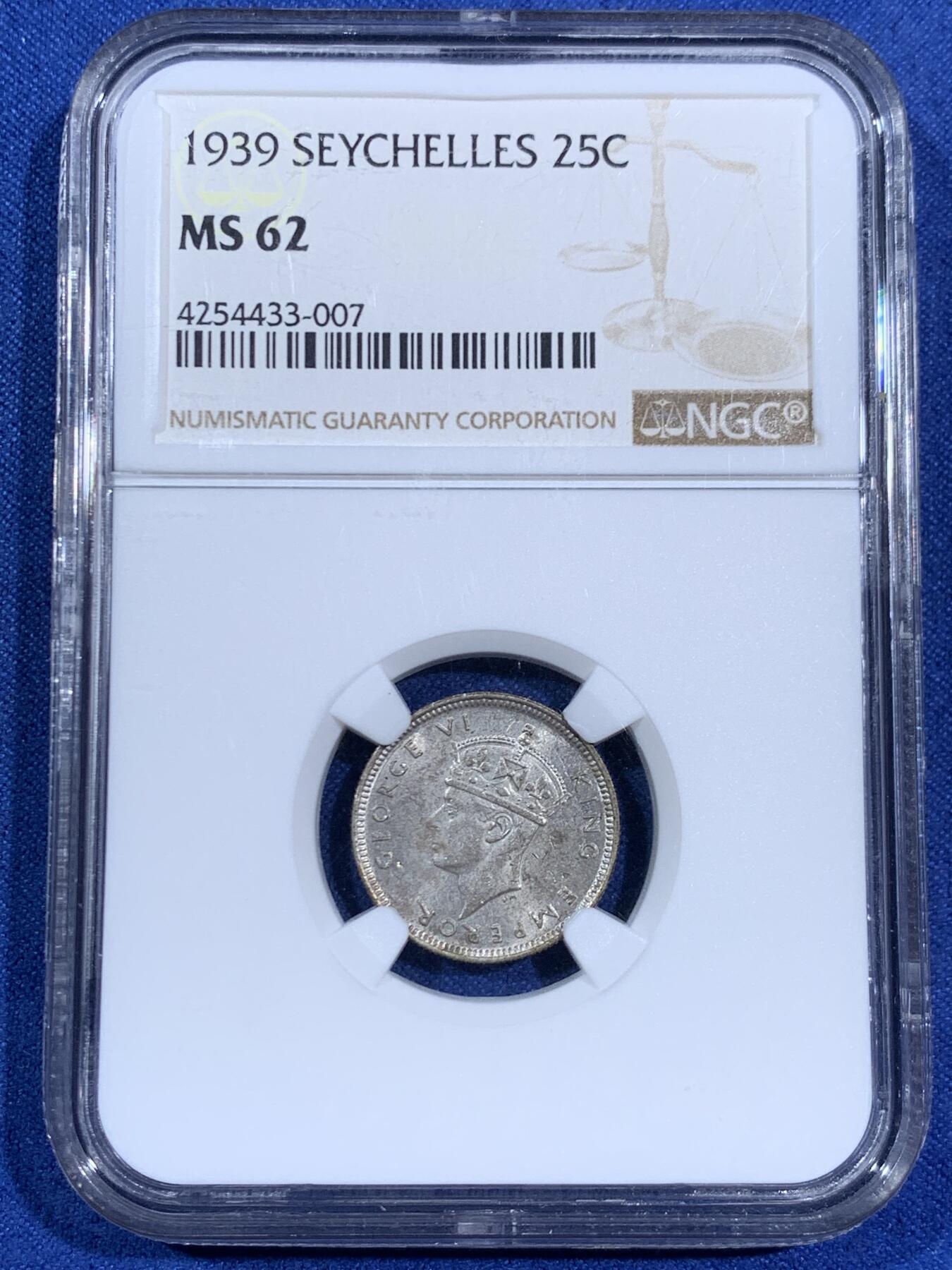 《竞宝斋》第470场 周日，周一，周二 3场连拍 （全场包邮）欢迎送拍 NGC MS62 英属塞舌尔1939年25分银币