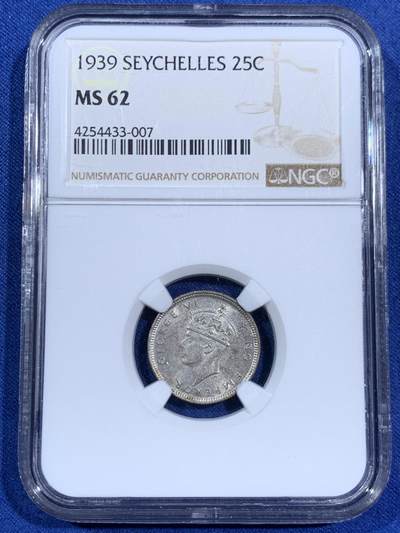 《竞宝斋》第470场 周日，周一，周二 3场连拍 （全场包邮）欢迎送拍 - NGC MS62 英属塞舌尔1939年25分银币
