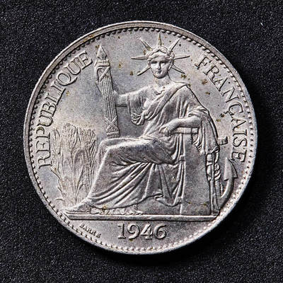 【俄甄集藏】2026年(049)03-18星期三 晚 19:30 全场包邮 - 法属印度支那1946年坐洋50分镍币，原光品相