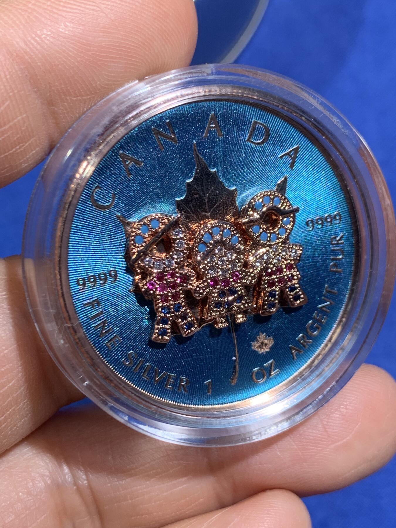 《竞宝斋》第470场 周日，周一，周二 3场连拍 （全场包邮）欢迎送拍 加拿大2019年5元普制彩色镶嵌宝石银币 家庭日-枫叶币 1盎司9999银 发行量500 盒证全