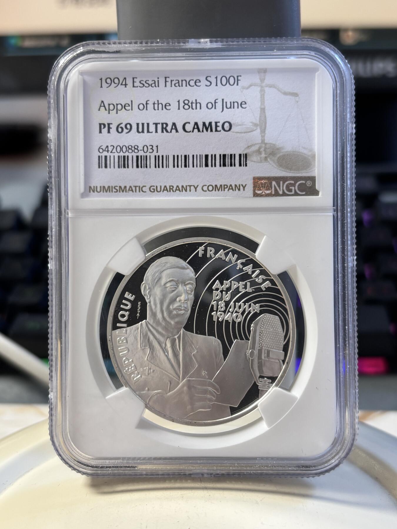 第194期拍卖 法国1994年二战系列戴高乐演讲纪念银样币NGC-PF69，900银，22.2克，发行1850枚