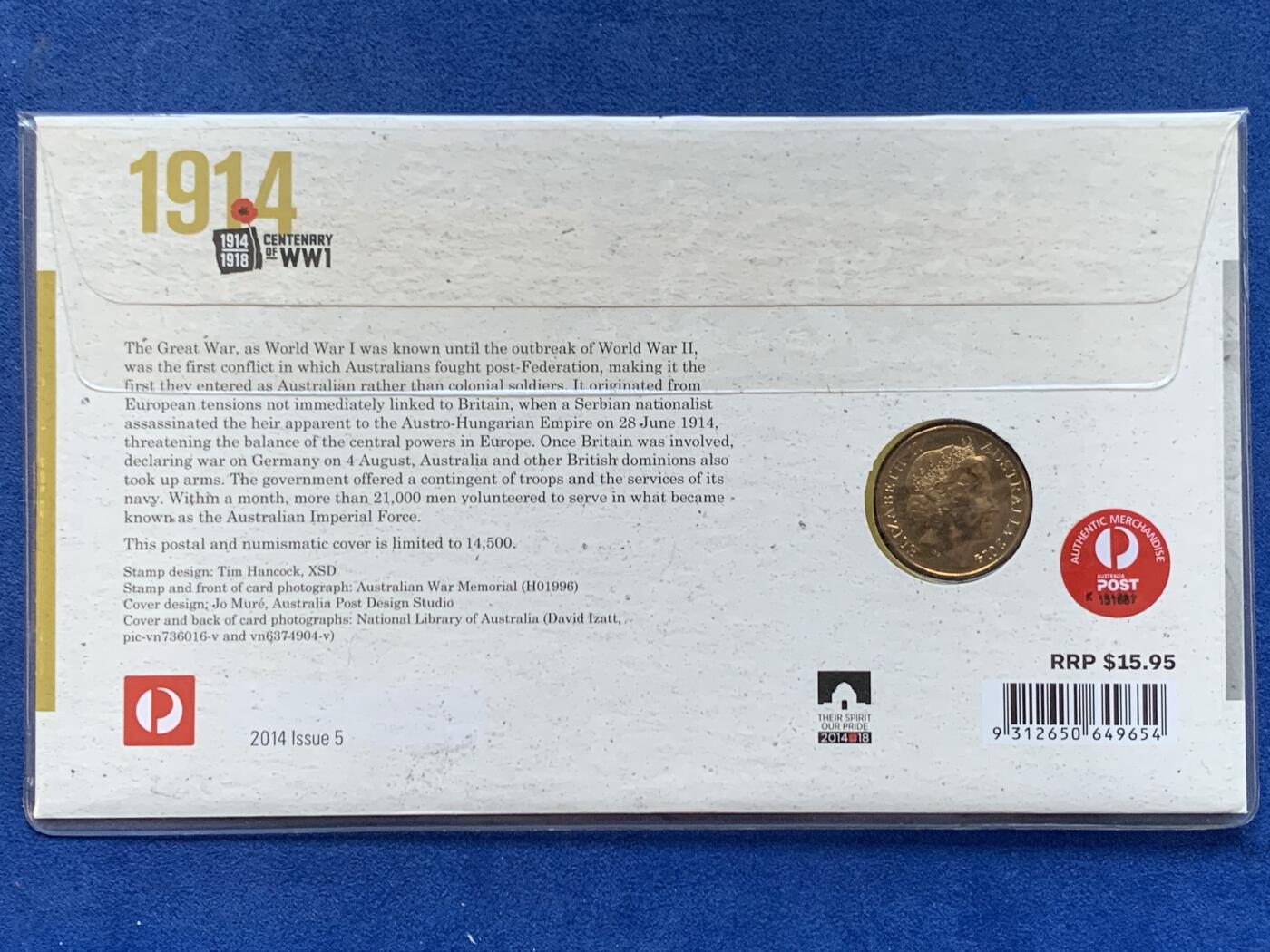 《竞宝斋》第470场 周日，周一，周二 3场连拍 （全场包邮）欢迎送拍 2014年澳大利亚第一次世界大战100周年1元纪念币 邮币封首日封