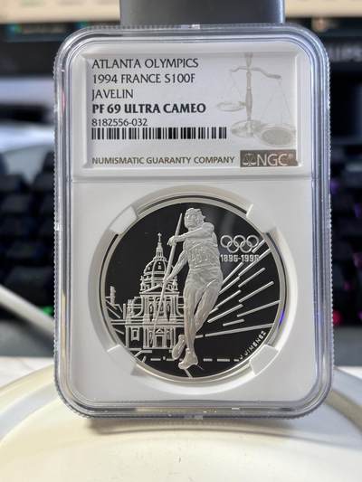 第193期拍卖 - 1994 年法国亚特兰大奥运会标枪 100 法郎纪念银币，NGC 评级 PF 69 ULTRA CAMEO克劳斯获奖币，925银，33.69克