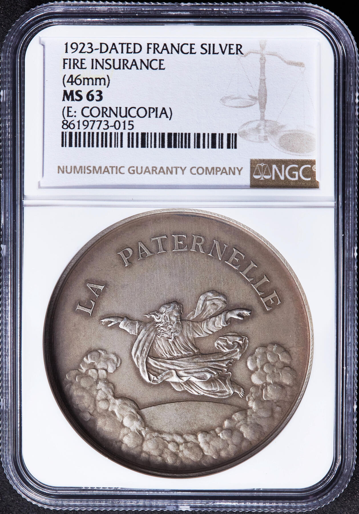 【俄甄集藏】2026年(049)03-18星期三 晚 19:30 全场包邮 法国1923年父爱保险公司众诚服务大银章，NGC MS63，授予服务公司39年的退休员工格兰·吉尔德，丰饶角铭，黄油彩老包浆，磨砂底板，直径46mm