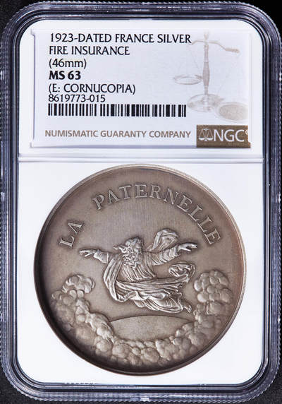 【俄甄集藏】2026年(049)03-18星期三 晚 19:30 全场包邮 - 法国1923年父爱保险公司众诚服务大银章，NGC MS63，授予服务公司39年的退休员工格兰·吉尔德，丰饶角铭，黄油彩老包浆，磨砂底板，直径46mm