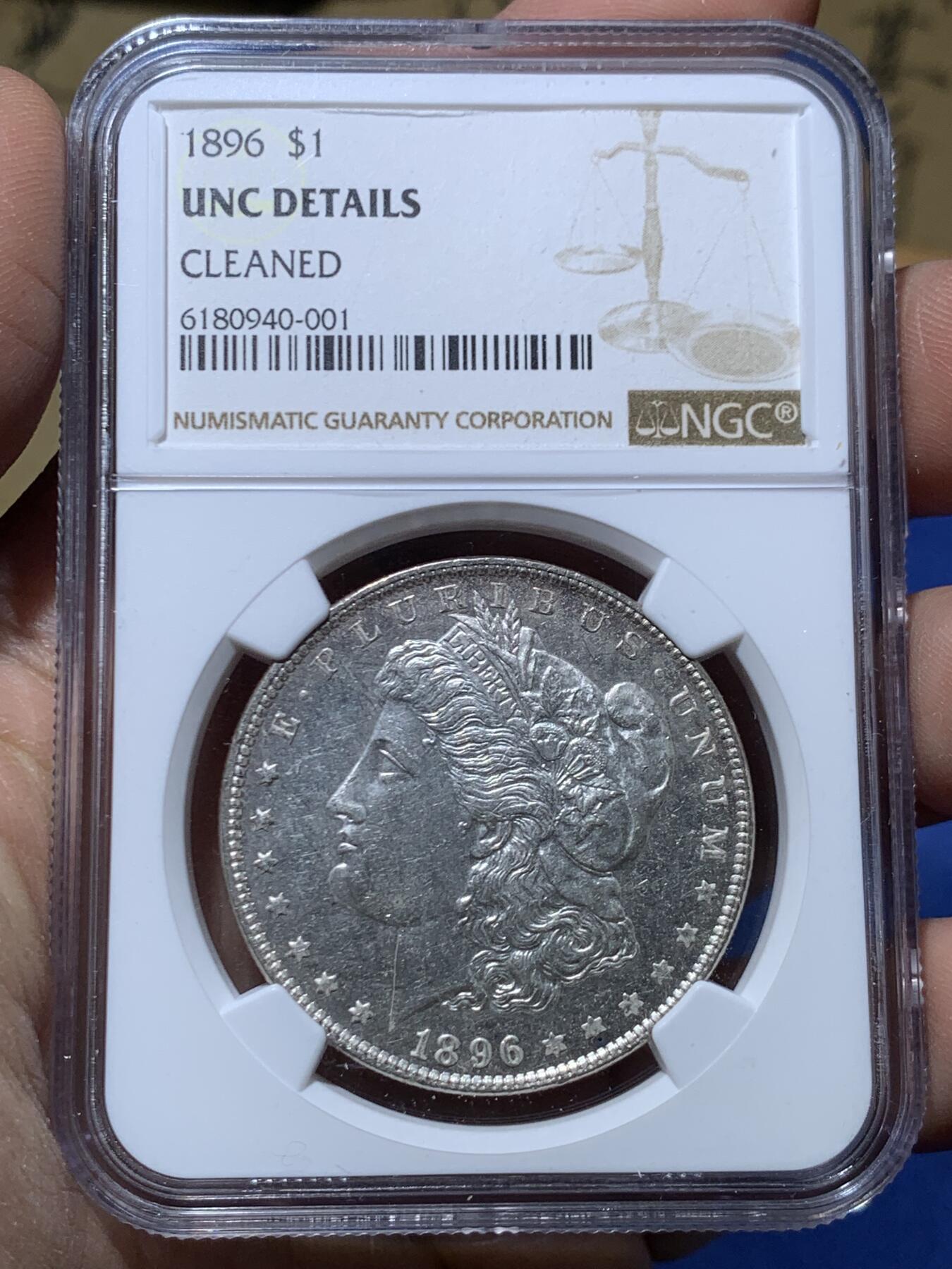 《竞宝斋》第470场 周日，周一，周二 3场连拍 （全场包邮）欢迎送拍 NGC UNCD 美国1896年摩根银币 底板质感不错