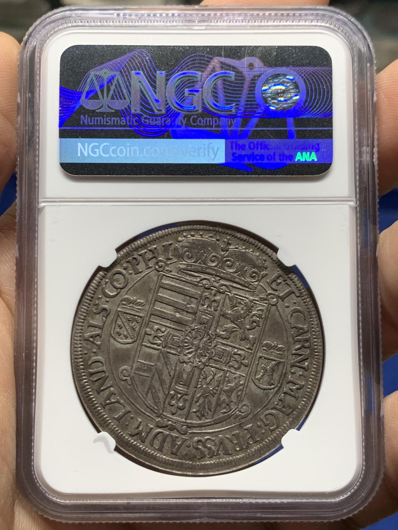 《竞宝斋》第470场 周日，周一，周二 3场连拍 （全场包邮）欢迎送拍 唯一冠军分 NGC AU58 德国 1615年 阿尔萨斯 马克西米利安三世 泰勒大银币 有分的只有2枚 不可错过的品种