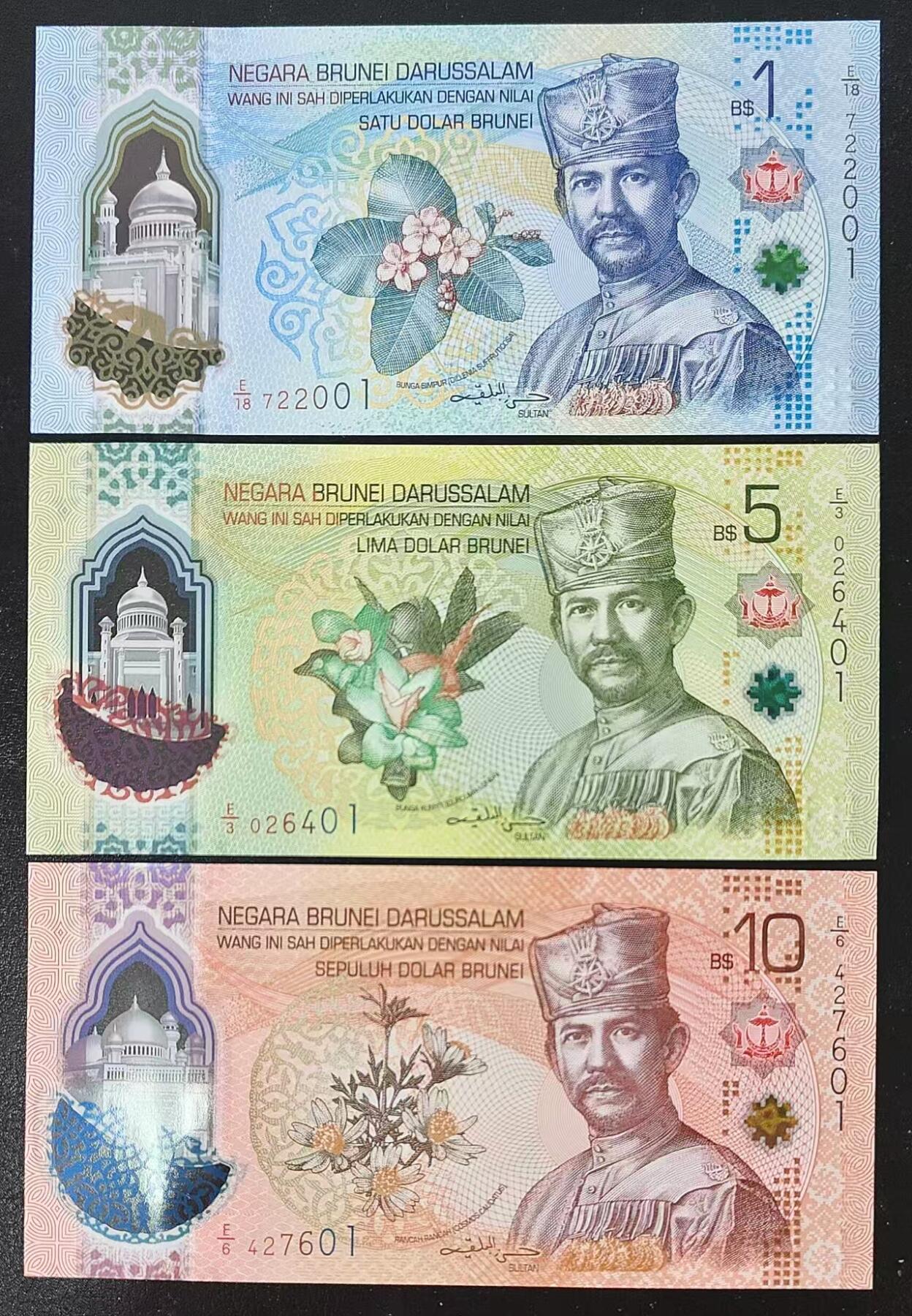 现货，2026年文莱1-500林吉特塑料钞，E/1首冠，趣味号码专场 2026年文莱1，5，10林吉特塑料钞3张小套尾2同，号码：尾01